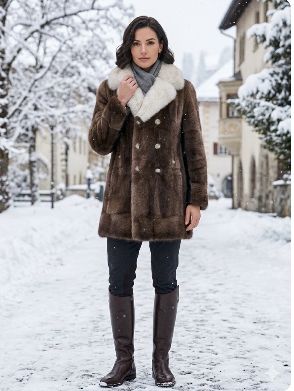 FUR TOWN Pea Coat Vintage Double-Breasted Mink Fur Coat Fox Collar
Leather